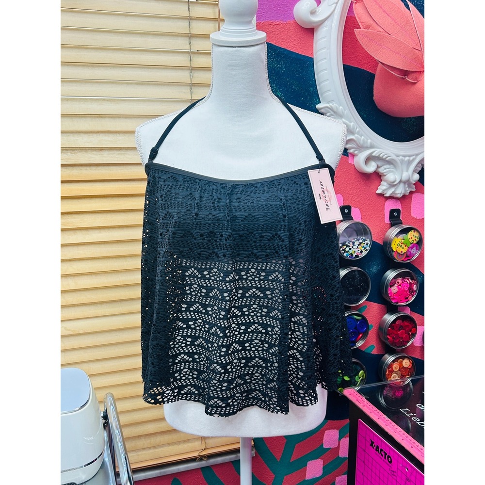 Juicy Couture Women Large Bandini Swim Top Black Crochet Lace Sway My Way NWT‎
